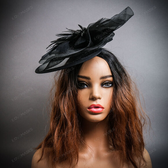 ILOVEMASKS Accessories - Flower Mesh Kentucky Derby Hat Fascinator Feather Headband - Black
